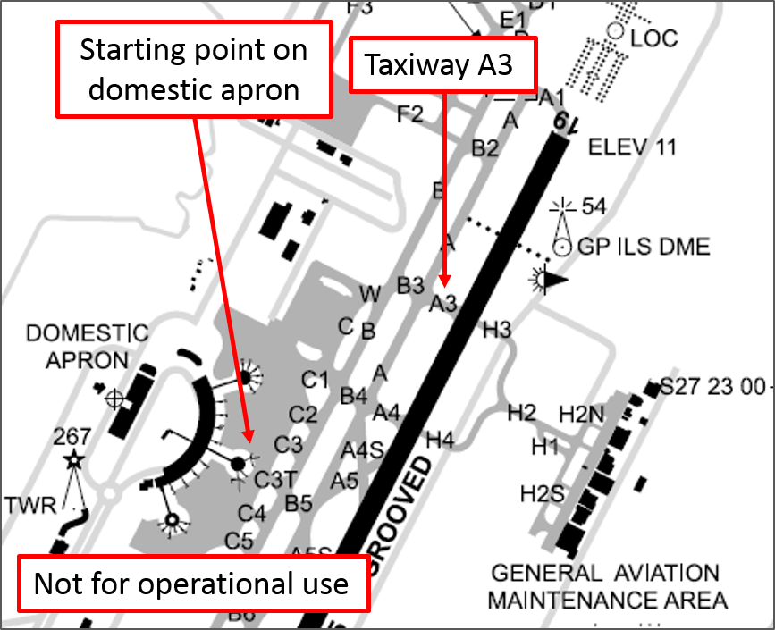 Figure 1: Excerpt from Brisbane aerodrome chart showing the location on the domestic apron where the aircraft commenced taxiing and taxiway A3 where the aircraft waited for a clearance to enter the runway